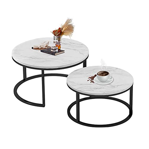 Nesting Coffee Tables Set Of 2, 31.5" Round Coffee Table For Living Room, Marble Pattern Wooden Tabletop & Black Sturdy Metal Frame Tables, Modern Bedroom Simple Nightstand #TOP13