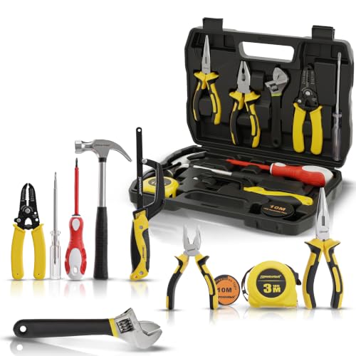 Image of TOMAHAWK ELE-1110 10-Piece Electrician Hand Tool Kit | 2 x Pliers, Hacksaw, Measuring Tape, Tester, Wire Stripper, Adjustable Spanner, Insulating Tape, 2 in 1 Screwdriver, Claw Hammer with Toolbox