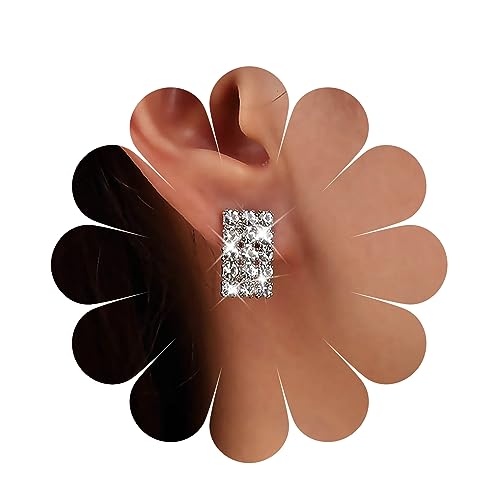 Sttiafay Vintage Rhinestone Square Earrings Square Crystal Earrings Silver Geometry Square Stud Earrings Sparkly Cz Bridal Earrings Jewelry for Women