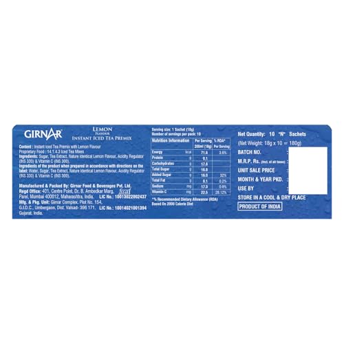 Image of Girnar Instant Premix Iced Tea - Lemon Flavour (10 Sachets)