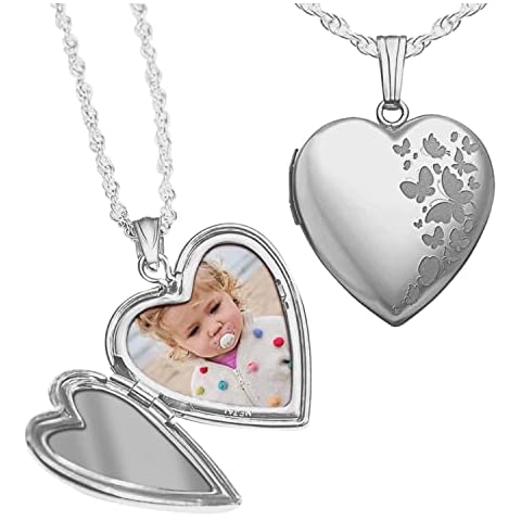 PicturesOnGold.com Personalized Sterling Silver Heart Shaped Butterflies Photo Locket Necklace - 3/4 inch x 3/4 inch, Locket + 2 Photos - Custom Engraved Picture Locket for Women Cover