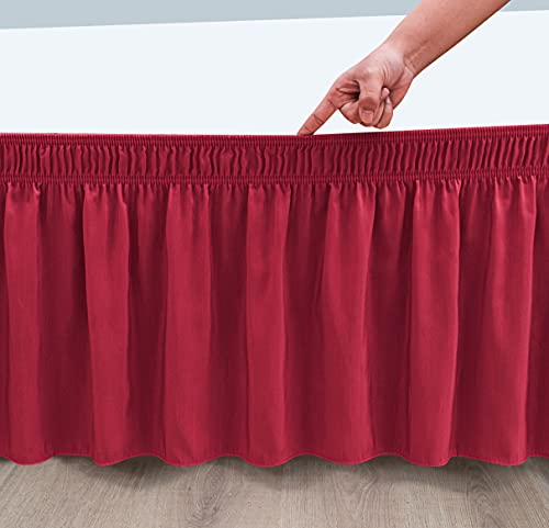 Biscaynebay Wrap Around Bed Skirts For King & Cal King Beds 15 Inches Drop, Red Elastic Dust Ruffles Easy Fit Wrinkle & Fade Resistant Silky Luxurious Fabric Solid Machine Washable #TOP5