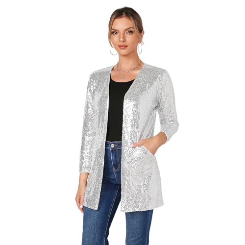 THANKPEARL Women's Sequin Jacket Long Sleeve Open Front Blazer Sparkly Party Cardigan Silver,XXL