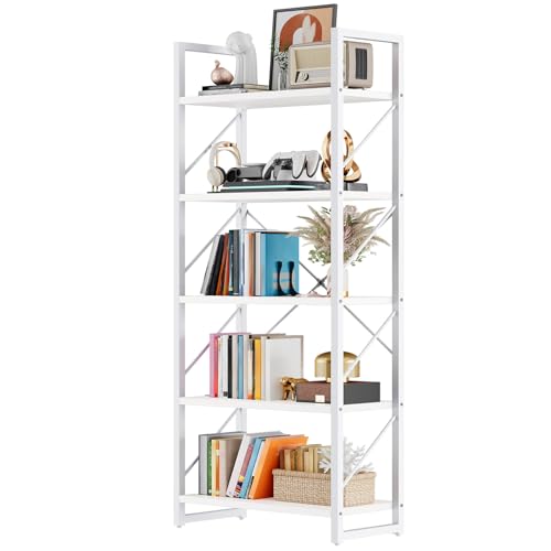 DWVO 5 Tier Bookshelf, White Book Shelf Modern Bookcase, Display Rack Book Storage Organizer for CD/Movie/Book, Bookshelves for Bedroom Office Living Room, White