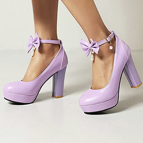 BEAUPAS Women's Platform High Heels Ankle Strap Chunky Heel Pumps Bows Buckle Cute Shoes2