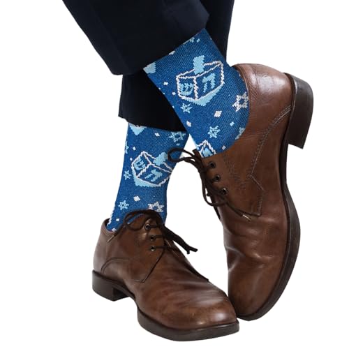 Image of Rite Lite Hanukkah Socks | Adult Crew Sock Fits Shoe Size 8-12 Blue Menorah & Star of David Metallic Chanukah Cozy Socks Jewish Holiday Party Favors Accessories Decorations Gifts (Menorah Stars)