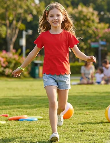 Image of Noomelfish Girls Short Sleeve Scalloped Edge T-Shirts Casual Cute Summer Tee Tops Blouse (5-12 Years)