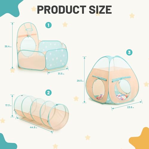 Image of PigPigPen Play Tent for Kids: 3-in-1 Ball Pit with Crawl Tunnel and Princess Tent, Portable Playhouse for Toddlers Boys Girls, Indoor Outdoor Toys Gift Set