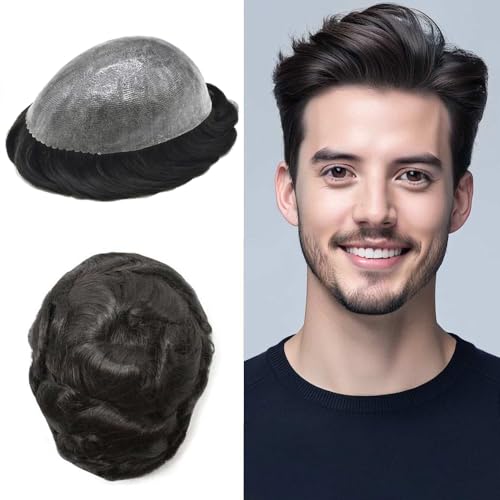Toupee For Men Hair Piece Real Human Hair Replacement System Poly Skin Mens Toupee Hair System Natural Hairline Protesis Capilar Para Hombre8X10-120% Medium...