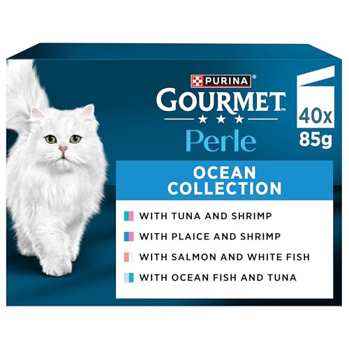 GOURMET Perle Ocean Collection Adult Wet Cat Food Mini Fillets in Gravy Tuna Shrimp Plaice Salmon White fish Ocean Fish 40 x 85g Pouches