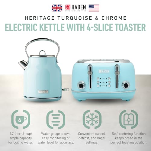 Haden-Heritage-4-Slice-Wide-Slot-Stainless-Steel-Body-Retro-Toaster-and-Heritage-17-Liter-Stainless-Steel-Body-Retro-Electric-Kettle-Turquoise Haden Heritage 4 Slice Wide Slot Stainless Steel Body Retro Toaster and Heritage 17 Liter Stainless Steel Body Retro Electric Kettle Turquoise