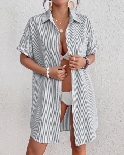 Image of Bsubseach Women Swimsuit Coverup Shirt Dress Button Down Bathing Suit Cover Up Beach Vacation Outfits