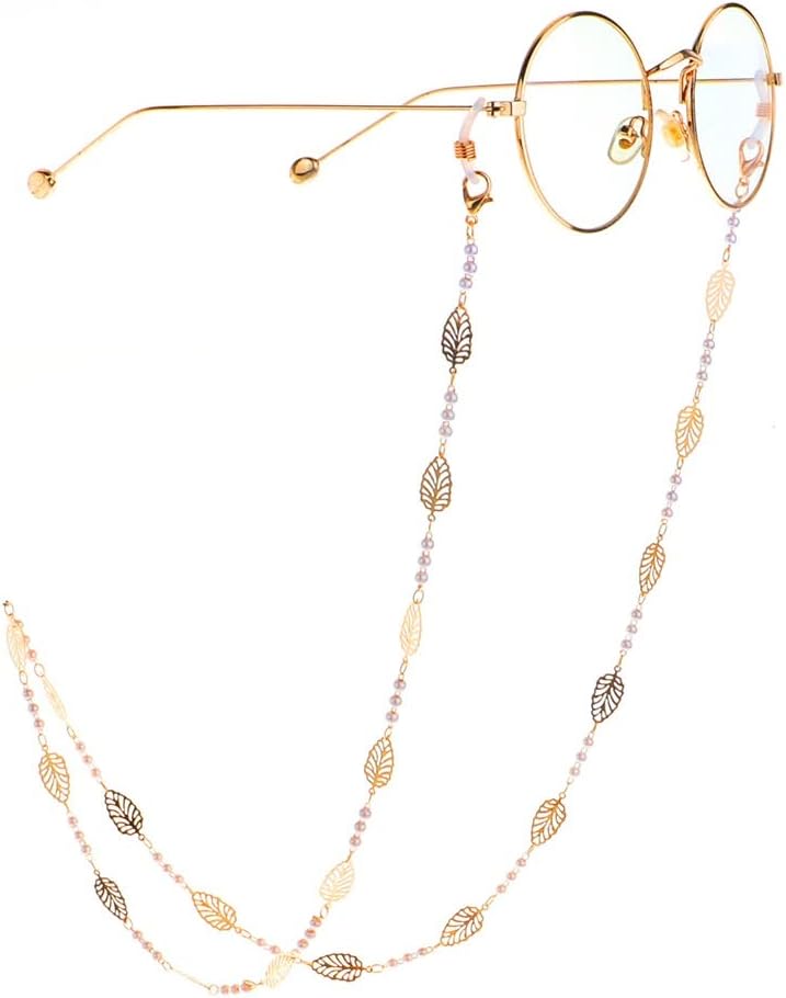 Metal Eyeglass Rope Gold Hollow Leaves Pearl Handmade Chain