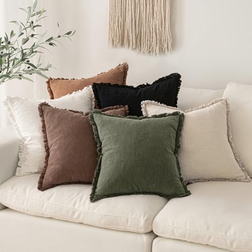 Image of MIULEE Decorative Throw Pillow Covers Neutral Linen Fringe Throw Pillows Set of 2 Rifle Green Boho Farmhouse Cushion Covers with Tassels for Couch Sofa Bed Living Room Spring Home Decor 18x18 Inch