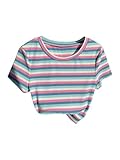 WDIRARA Women's Colorful Striped Short Sleeve Tee Shirt Y2k Crewneck Ribbed Knit Crop Tops Multicolor Medium