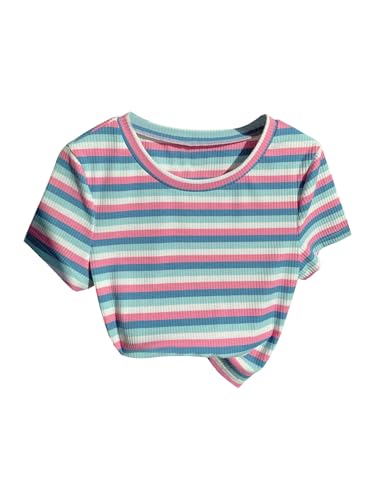 WDIRARA Women's Colorful Striped Short Sleeve Tee Shirt Y2k Crewneck Ribbed Knit Crop Tops Multicolor Medium