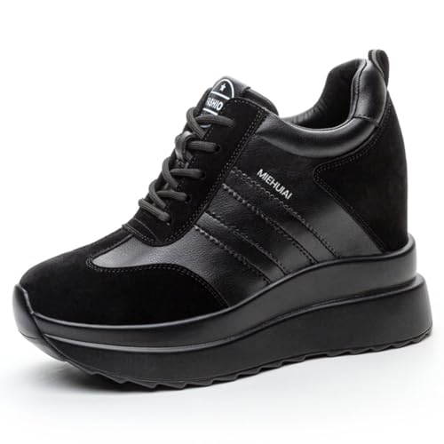 Image of Platform Sneakers for Women High Hidden Heel Wedge Sneakers Fashion Leather Chunky Lace up Wedge Tennis Shoes Increasing 3.94 inch