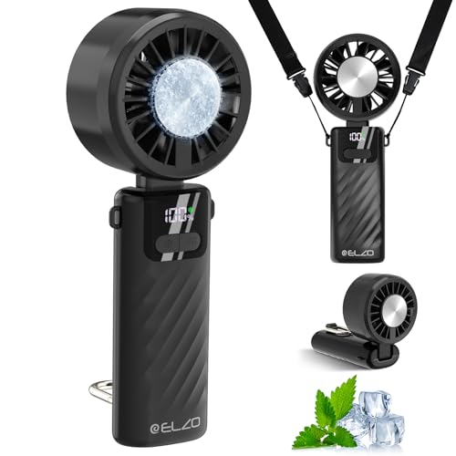 ELZO Tragbarer Turbo Handventilator mit Kühlfunktion 5000mAh Aufladbar 4 in 1 mini Ventilatoren 24H max Kühlzeit Geschwindigkeit (1-100) mit LED-Anzeige für Reisen Zuhause Büro (Schwarz)