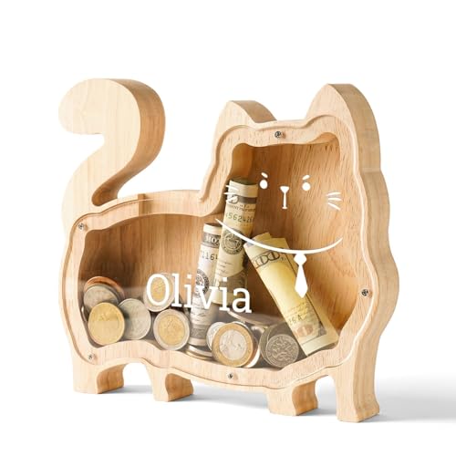 Image of Personalized Wooden Cat Piggy Coin Banks for Kids Name
