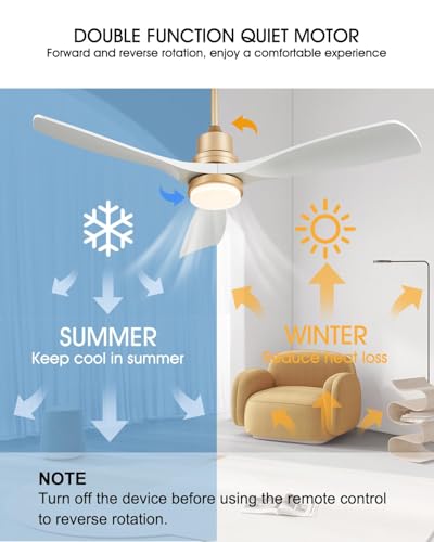 Image of White and Gold Ceiling Fans with Lights and Remote, 52inch Modern Gold Ceiling Fan ETL Listed, 3 Downrods, 3 blade Gold Fan Reversible Quiet DC Motor, Timer,6 Speed for Outdoor Indoor,52in,White Gold