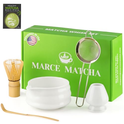Marce Matcha Whisk Set- Matcha Set includes Matcha Whisk and Bowl with Spout, Sifter, Holder and...