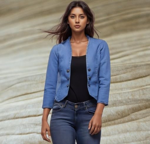 Image of Women's Blue Denim Jacket, 3 /4 Sleeve, Button Front, Cropped Fit, Casual Blazer Style