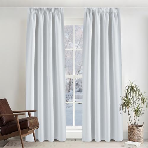 PONY DANCE Wohnzimmer Gardinen mit Röllchen Thermovorhang Kälteschutz | 2er Set H245 x B140 cm, Grau-weiß, Abdunkelnde Vorhänge, mit Kräuselband für Schiene, für Schlafzimmer Wohnz