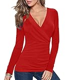 Afibi Womens Slim Fitted Deep V Neck Cross Wrap Top Long Sleeve T-Shirts (X-Large, Red)