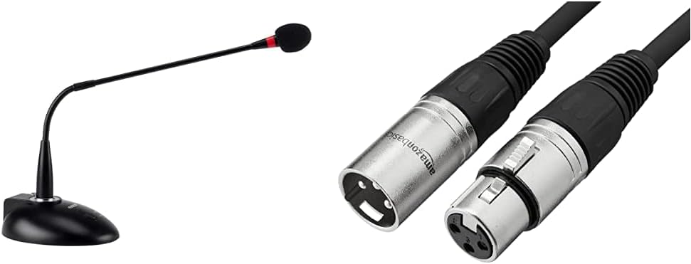 Monoprice 114891 Commercial Audio Desktop Paging Microphone with On/Off Button (No Logo) & Amazon Basics XLR Male to Female Microphone Cable - 25 Feet, Black