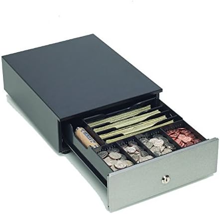 Mmf Cash Drawer MMF-VAL10-04 MMF Val-U Line Compact Cash Drawer, 4 Bill/4 Coin Till, Stainless Steel Front, Printer-Driven with Cable, 9.62" W x 12.56" D x 3.5" H, 24 V, Black