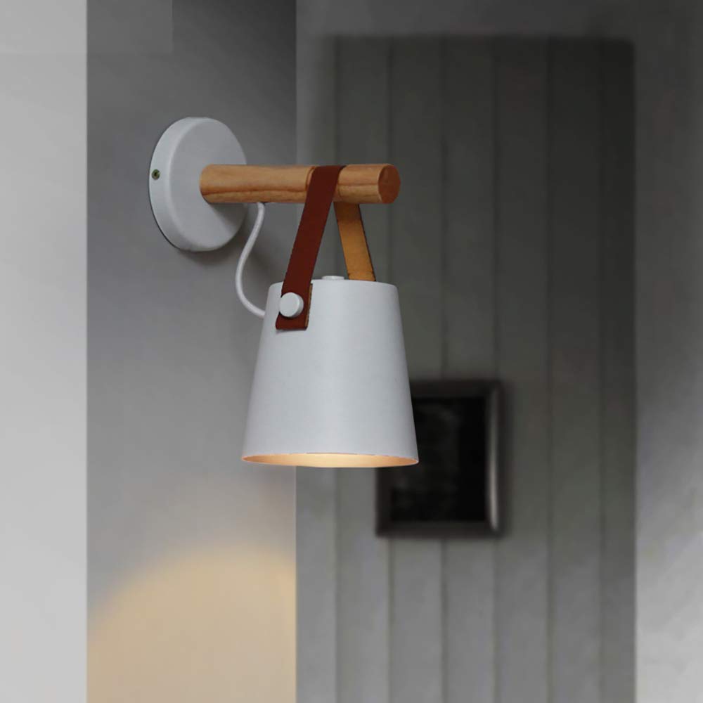 Chrasy E27 Moderne Applique Murale Métal Style En Fer Forgé Bois Ceinture Applique Murale Creative Nordique Eclairage Suspension Luminaire (Blanc)