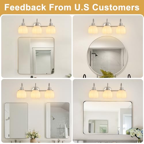 Image of Bathroom Light Fixtures(3-Light, 20 Inch), Brushed Nickel Vanity Lights for Bathroom with Ribbed White Tulip Glass Shade, Vintage Vanity Wall Lights for Mirror Bedroom Living Room Hallway