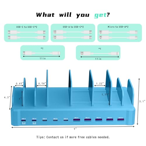 Image of 320W Charging Station for Multiple Devices, Zobirez 10-Port USB C Fast Charger Stations for MacBook, iPhone, Android Cell Phone, iPad, Tablet, Family Multi-Device Organizer Charging Dock, Blue