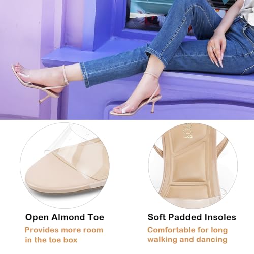 JENN ARDOR Clear Heels for Women Kitten Strappy Sandals Comfort Round Open Toe Ankle Strap Stilettos Wedding Party Low Heeled Dress Shoes