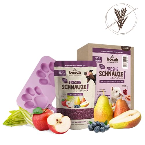Bosch Freshe Schnauze - Aktionspaket Frucht | Hundeeis | 4 x 200 g + GRATIS Eisform für Hundeeis | Topping für Hundefutter | Für Trockenfutter und Nassfutter | mit frischen Äpfeln, Birnen & Blaubeeren
