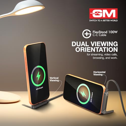Image of GM G+ FlexStand 100W Type-C-C Cable | Built-in Stand for Portrait & Landscape Viewing | 4.5mm Flat design | 20,000 bend cycles tested Nylon Braided |Laptops,Tablets, Smartphones |1 Year Warranty