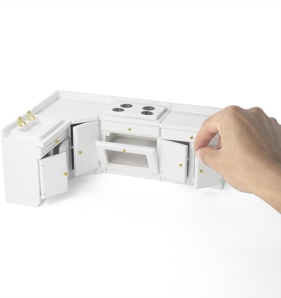 Odoria Dollhouse Kitchen Counter Miniature: 1/12 Scale Worktop Baking Oven Stove for Modern Bar Restaurant - Mini Kitchen Sink Countertop White DIY - Tiny Cooking Furniture Wood Model Craft