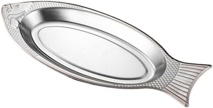 HUFFA Fish Dish Fish Shaped Plate Steamed Fish Plate Creative Egg Plate Barbecue Plate Tray Plates Korean Style Stainless Steel Plate (Color : Silvery-45cm)