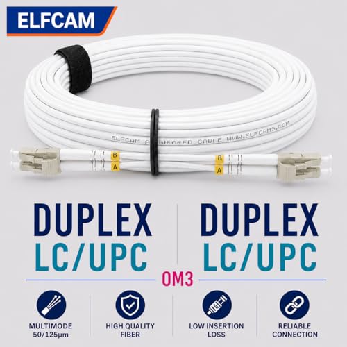 Elfcam® - Kabel światłowodowy (Podwiązka optyczna) LC/UPC do LC/UPC OM3 Multimode Duplex 50/125um LSZH, kolor biały (100M)