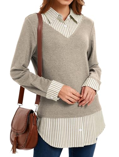 Image of Oyamiki Women's Casual Collared Curved Hem 2 in 1 Pullover Tops Plaid Contrast Shirt Blouse