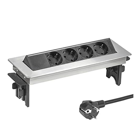 Elbe Toma de Acero Inoxidable Empotrado, Toma múltiple de 4 Tomas, Enchufe alemán, Cable MAX 3500w, Cable de 1,5 m, Acabado Cromado, Apto para Oficina, Cocina y encimera, EL4704M