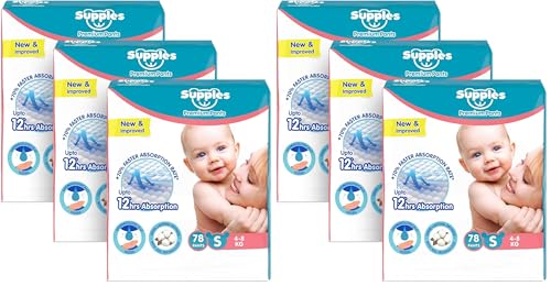Image of Amazon Brand - Supples Premium Baby Diaper Pants | 234 Baby Diapers | Small | 4-8 Kg | 78 x 6 Packs | 12 Hrs Absorption | Cushiony Cotton Soft Fabric | Phthalates-Free | Triple Leak Guard