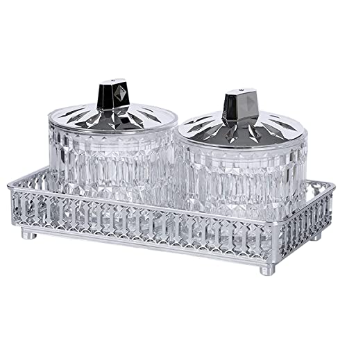 Image of Acrylic - 5 Crystal Clear Jars (500ml Each) with Tray / Round Decorative Tray / Square Cosmetic Tray (3 Pc Set - Silver- 2 Crystal Clear Canisters (500ml Each) with Real Mirror Glass Tray Centerpiece)