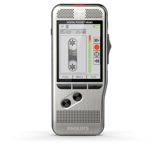 Philips Pocket Memo Digitales Diktiergerät DPM7200 Schiebeschalter-Bedienung, 2 Mikrofone für Stereo-Tonaufnahmen, Farbdisplay, Edelstahlgehäuse, inkl. Diktiersoftware SpeechExec Basic 2-Jahres-ABO