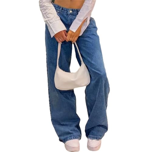 Straight Leg Jeans for Women Casual Washed Vintage Wide Fit Boyfriend Baggy Low Waisted Denim Pants with Snap-Button