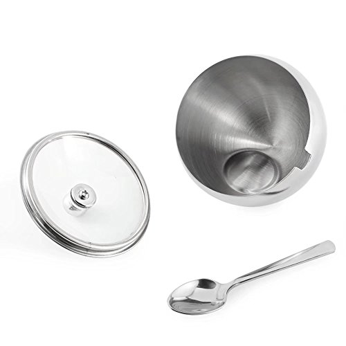 Small Sugar Bowl, [10 Ounces (300 Milliliter /1.25 Cup)], Newness Stainless Steel Sugar Bowl with Glass Oblique Opening Lid (for better recognition) and Sugar Spoon for Home and Kitchen - Thumbnail 3