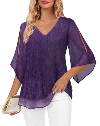 Bebonnie Blouses for Women Dressy Casual: Sparkly Womens Ruffle 3/4 Sleeve V Neck Double Layers Dress Blouses Semi Formal Wear - Plus Size Dressy Tops for Women Deep Violet XXL