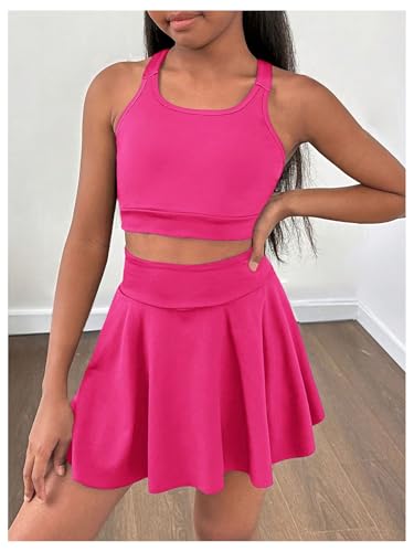 Girl's Workout Solid Color Tank and High Waisted Skorts Set Athletic Sports Running Skirt with Pockets3