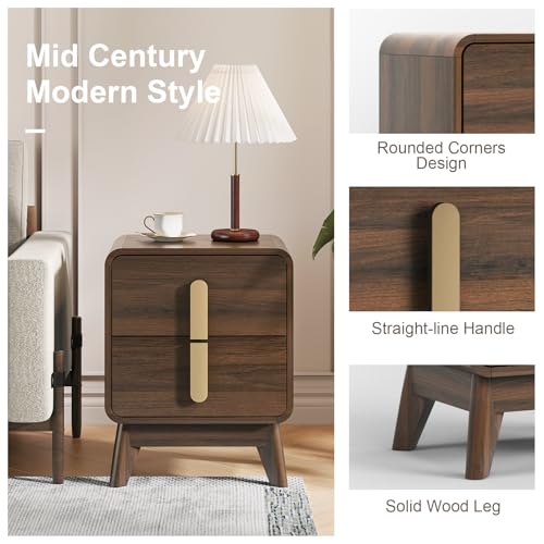 Image of JOINICE Mid Century Modern Night Stand Set of 2 for Bedroom, Walnut | Bed Side Table with Storage for Living Room, Bedroom, Walnut Veneer Finish, 2 Large Drawers with Golden Handles, Accent Piece
