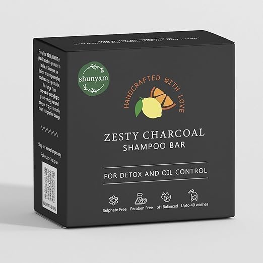 Image of Shunyam Zesty Charcoal Shampoo Bar with Activated Charcoal, Orange & Lime Essential Oils | Sulphate & Paraben Free | Cruelty-Free & Handcrafted | Comes in Travel-Friendly Tin Box | 70g